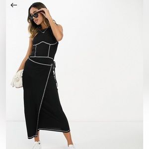 ASOS DESIGN ribbed midi dress with wrap skirt and contrast stitching in black